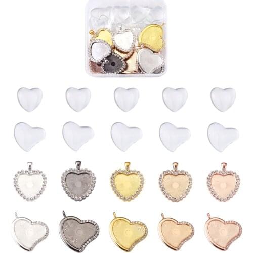 40pcs Rhinestone Bezel Pendant Trays Heart Cabochon Settings Kits with Glass Cabochons For DIY Necklace Jewelry Making Findings