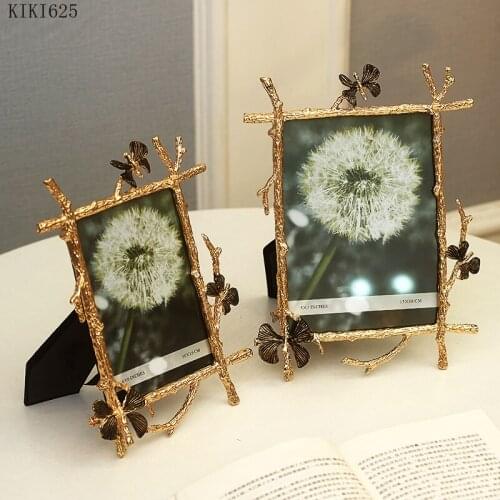 Home Decor 6/7 Inch Nordic Vintage Metal Butterfly Photo Frame Family Portrait Nightstand Desktop Square Golden Picture Frames