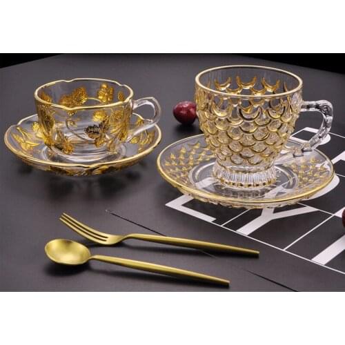 Nordic Crystal Glass coffee Cup And Saucer Creative Handmade gold thread Afternoon tea Teacup Set Eco Friendly Drinking Glasses