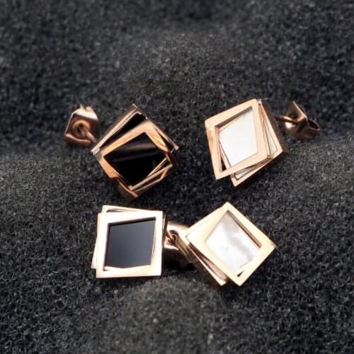 Classic design Black White Shell Square earrings Titanium Steel rose gold color Women Elegant shell stud Earrings