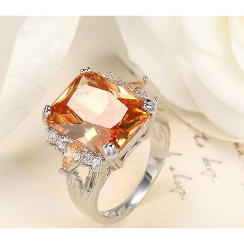 Classic Big Champagne CZ Stone Ring Large Single Orange Crystal CZ Cut Luxury Plata color Ring Women Jewelry