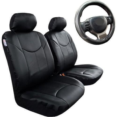 Leather Car Seat Cover For Toyota CHR Front Set, Leatherette Black Steering Wheel Cover, Airbag Safe Universal Fit