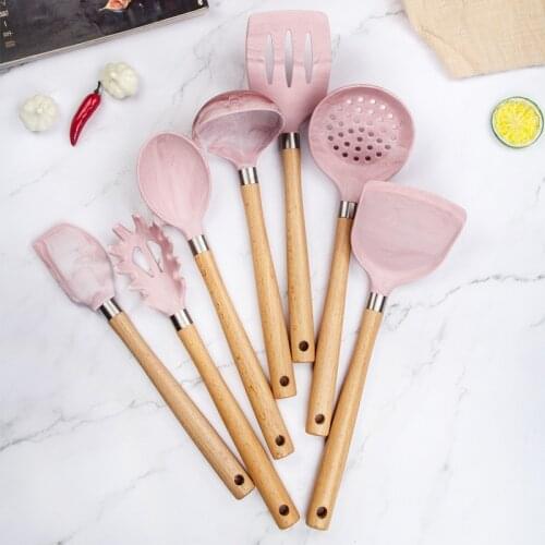 Marble Pattern Pink Kitchen Cookware Silicone Kitchenware Non Stick Cooking Pot Set Spatula Shovel Soup Spoon Cute Kitchen Tools