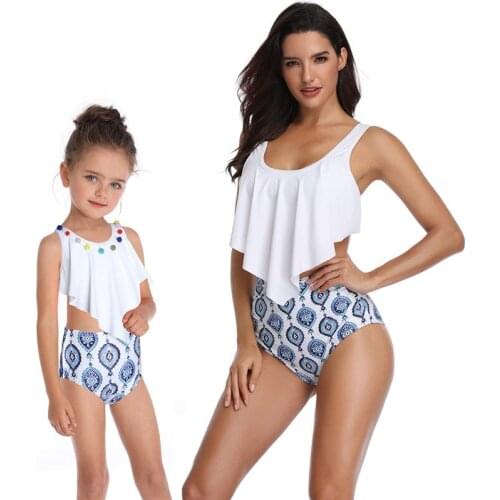 Family Matching Swimwear Summer Blue Leaf Print Mommy and me swimsuit Women And Girl Swimwear Shorts Matching Swimsuit