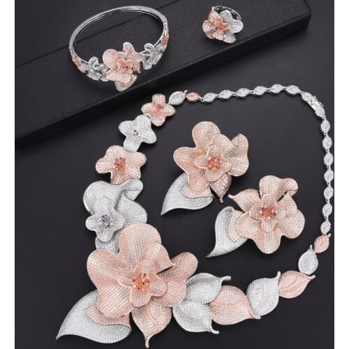 LARRAURI Luxury Big Flowers Bridal Wedding Engagement Jewelry Sets Statement Bangle Earrings Necklace Ring Charms Women Jewelry