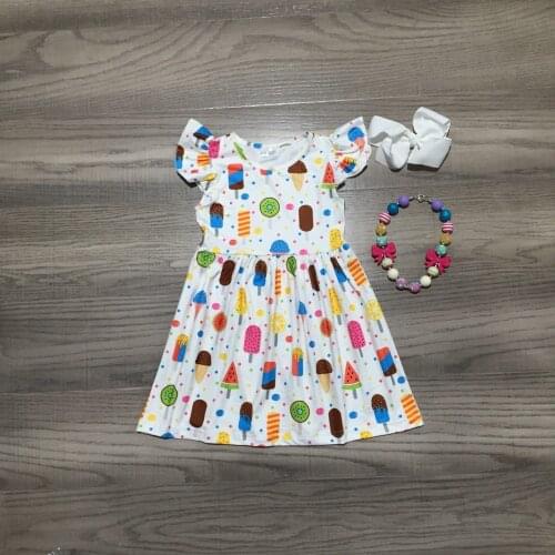 Summer Baby Girls Clothes Fruit Popsicle Print MIlk Silk Dress with Bow and Necklace
