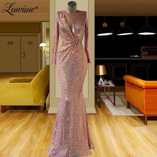 Lowime Pink Sequins Evening Dresses Cut-out Design Party Gowns Celebrity Dress 2021 Plus Size Muslim Arabic Prom Gowns Custom
