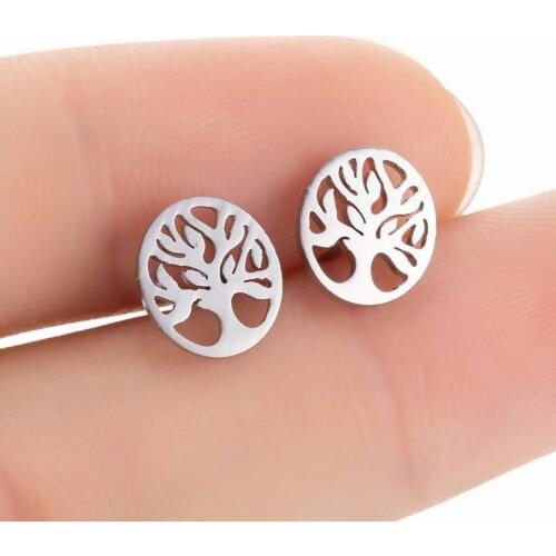 Fashion Round Tree of Life Stud Earrings Women Summer Fashion Tree Plant Jewelry Stainless Steel France Accessories Bijoux