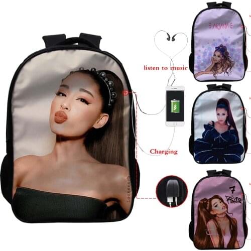 Fashion Ariana Grande Backpack Men Women USB Charge Backpack Teens Daily Rucksack Boys Girls USB School Bag Students Bookbag
