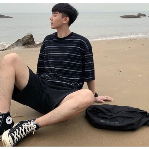 Mens T Shirt Summer Oversized Striped Short Sleeve O Neck Korean Style Fashion Harajuku Streetwear Hip Pop Casual Male Cotton