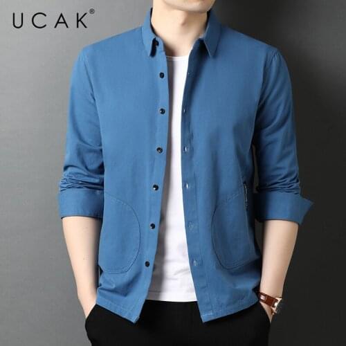 UCAK Brand Solid Color Shirts Men Clothing Turn-down Collar Streetwear Pure Cotton Shirt Pull Homme Spring Autumn Clothes U6531