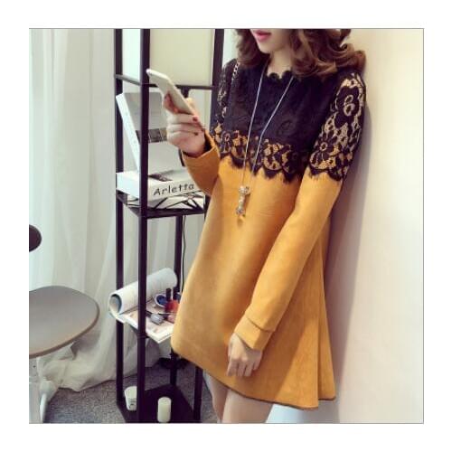 LIWA Autumn and Winter Plus Size Women Dress Stitching Lace Cute Dress Full Sleeve Short Yellow Cotton Vestidos de Otono LR80