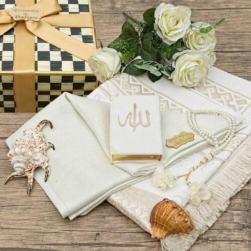 Gift Velvet Covered Quran (Bag Size), Pearl Rosary, Shawl, Prayer Rug, Plexiglass, Square Box Package Set FREE SHİPPİNG