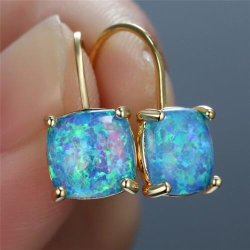 Luxury Female White Blue Fire Opal Earrings Cute Gold Silver Color Wedding Earrings Small Square Crystal Hoop Earrings For Women