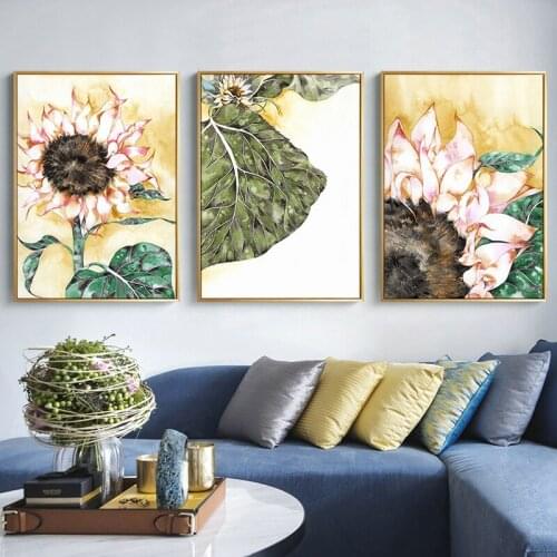 Modern Watercolor Green Plant Sunflower Poster Flower And Leaf Print Canvas Painting Home Wall Art Stickers Interior Decoration