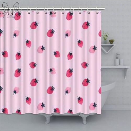Pink Strawberry Bathroom Curtain Cartoon Hand Drawn Waterproof Shower Curtain Polyester Fabric Kids Bath Curtain Shower Sets
