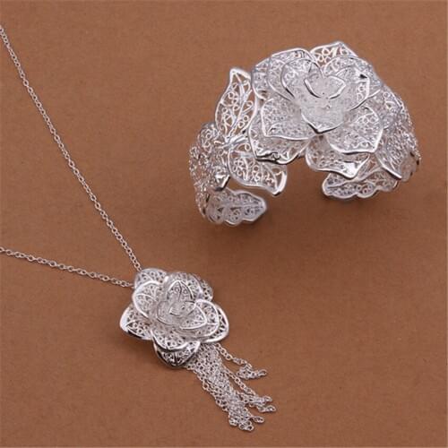 Factory price high-quality silver color jewelry set charm women elegant hollow big flowers pendant Necklace Bangles S447