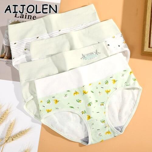 AIJOLEN Green Printed Floral Cotton Panties Soft Large Size Underwear Mid-waist And Abdomen Underpants Stripe Briefs for Women