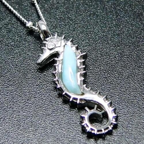 Hot Selling Natural Dominica Larimar Seahourse Pendant in 925 Sterling Silver Womens Pendant Necklace For Gift