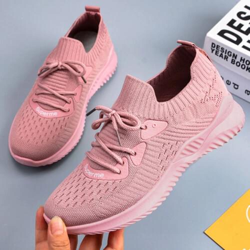 Women Casual Flats Shoes New Lace-up Women Trainers White Pink Platform Sneakers Ladies Sock Shoes Tenis Feminino Walking Shoes