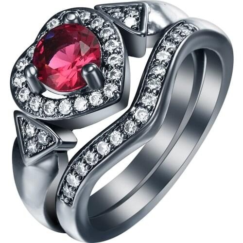 S925Mall New created red cz black Rings Sets for women Heart jewelry gift elegant princess czech zircon Love Trendy Ring set