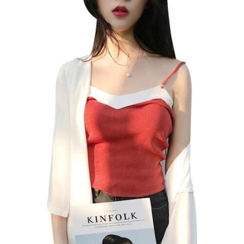 Knitted Camisole Women Sexy Color Vest Block Patchwork Slim Backless V-Neck Casual Knitted Tank Top Female