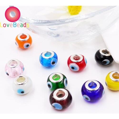 10 Pcs Red Blue Pink White Yellow Color Evil Eye Big Hole Glass Beads Fit Pandora Bracelet Chain Spacer Charm for Jewelry Making