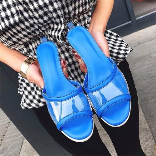 Fashion 2021 Mules Beach Sandals PVC Transparent Summer Slippers Genuine Leather Chucky Low Heels Slides Womens Shoes Sandals