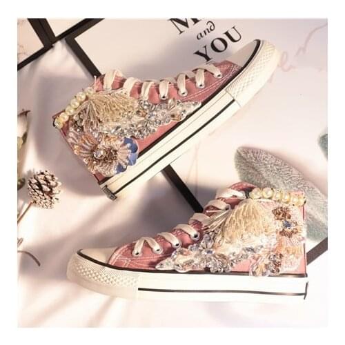 21 autumn new style rhinestone tassel beaded canvas shoes, all-match Korean casual high-top shoes
