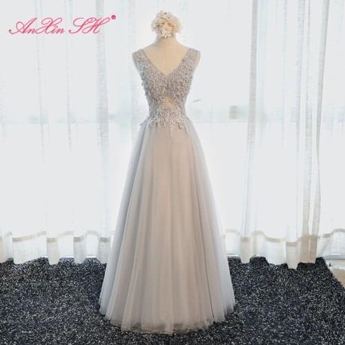 AXJFU princess v neck grey lace Bridesmaid Dress pink fashion illusion beading crystal little flower white Bridesmaid Dress