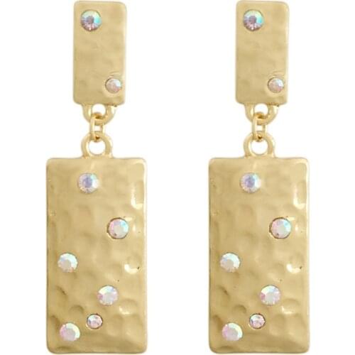Shiny BlingBling Gold Color Clear Stone Decorated Square Linked Drop Earrings For Women Girl Party Decoration Jewelry Accessory