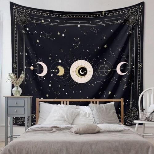 Golden Black Sun Moon Tarot Mandala Tapestry Wall Hanging Macrame Hippie Witchcraft Wall Carpet Dorm Decor Psychedelic Tapestry