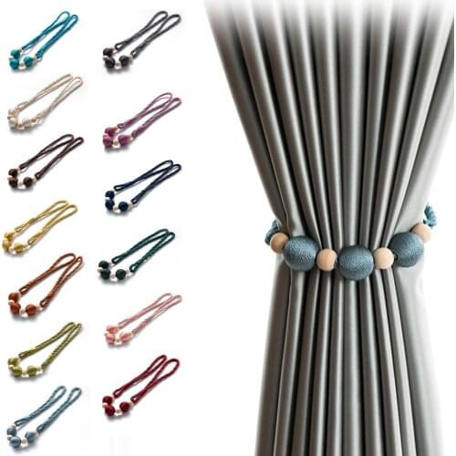 Punch Free Wooden Ball Magnetic Curtain Tieback Rope Buckle Clips Curtain Hook Holder Strap Decorative Accessories