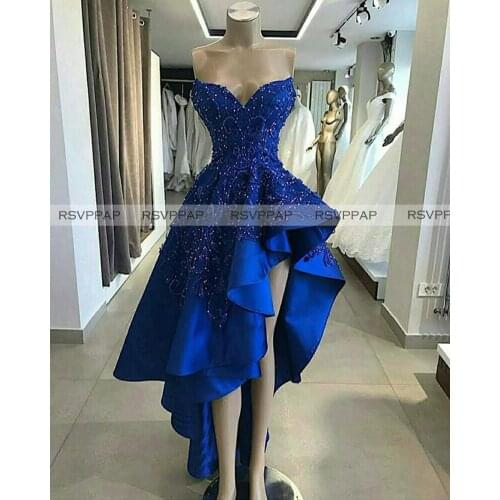 Royal Blue Long Evening Dresses 2021 Abendkleider Designed Dubai Arabia Style Exquisite Beaded Handwork High-Low Formal Gowns