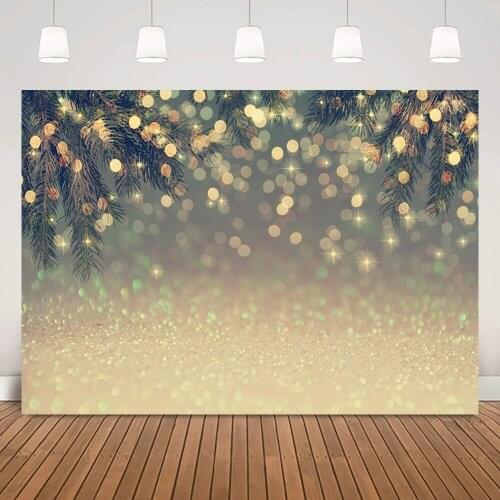 Winter Glitter Bokeh Portrait Backdrop for Photography Golden Shiny Green Leaves Background Christmas Birthday Photocall Shoot