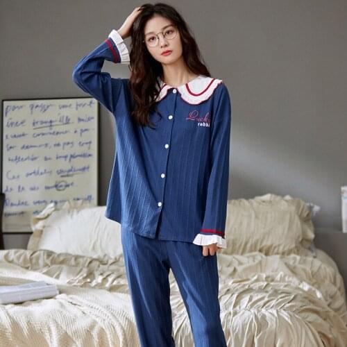 Cotton Winter Womens Pajamas Set Loose Turn-down Collar Long Sleeve Sleepwear Sweet White Doll Collar Women Princess Home Suits