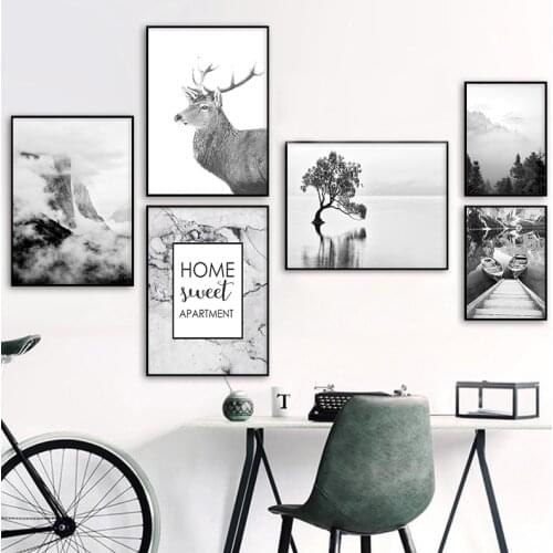 Nordic Scenery Picture Black White Landscape Wild Animal Deer Canvas Painting Nature Landscape Wall Art Home Decor Poster