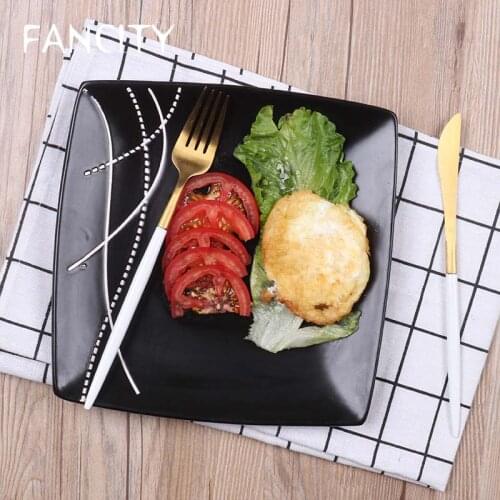 FANCITY Japanese-style hand-painted ceramic square plate, household flat plate, breakfast plate, square western food plate, stea