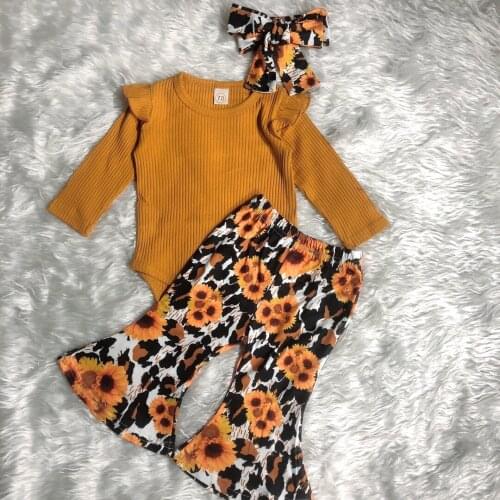 Citgeett Autumn Infant Baby Girls Tops and Trousers Suit Fresh Solid Color Long Sleeve Romper Flower Trumpet Pants Headband Set