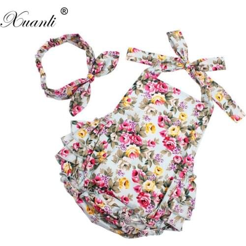 Baby Girl Clothes Flower pattern Cotton Ruffled Romper & Headband 2pcs Baby Jumpsuit Toddler Newborn Outfits Set 0-3 years Age