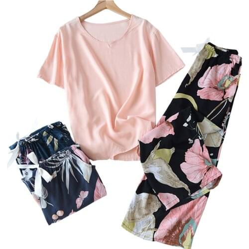 Women Elegant 2Pcs Floral Print Household Wear Ladies Loose Thin Rayon Pajamas Set Multi-Color Cotton Satin Sleepwear For Spring