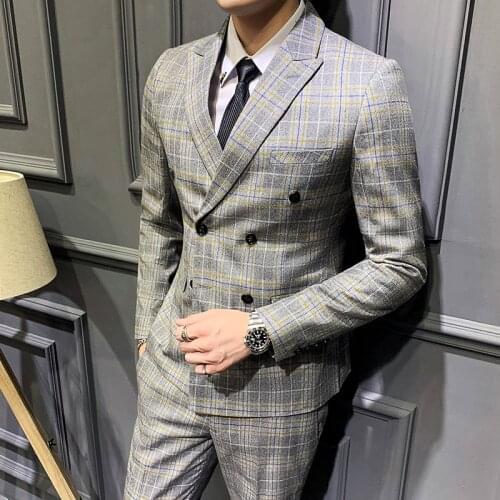 Jackets+Vest+Pants)Men 3 Pieces Suit Spring Autumn Plaid Slim Business Formal Casual Check Suits Office Work Prom Wedding Groom