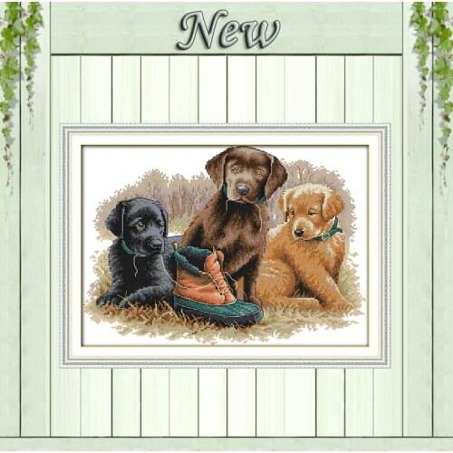 Three lovely dogs And shoe,Pattern Printed on canvas DMC 11CT 14CT Cross Stitch kits,Needlework Set Embroidery,Animal Home Decor
