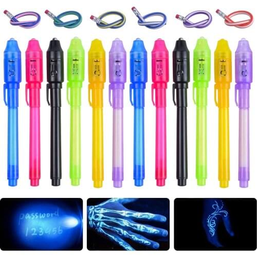 Invisible Pens 12 Packs of The Latest Spy Pens + 6 Flexible Curved Pencils with UV Lights Fun Activities Children’s Gift Parties
