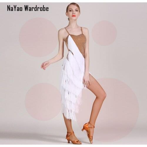 2021 New GB016 Tassel Patchwork Bare Back Shoulder Latin Dance Dress Women Performance Modern Dance Dress Latino Dancewear