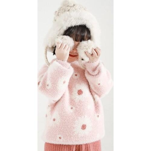 Autumn Children Clothes Girls Strawberry Milk Sesame Dot Jacquard Cotton Mink Wool Warm Waxy Sweater