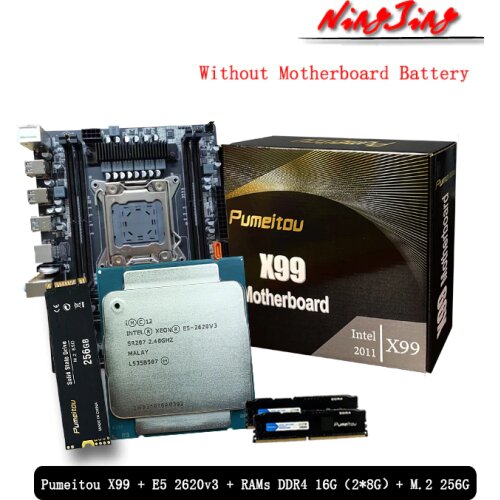 Intel E5 2620 v3 CPU + Pumeitou X99 Motherboard + Pumeitou DDR4 16G (2x8G) 2666MHz RAMs + Pumeitou M.2 256G SSD Suit LGA2011-3