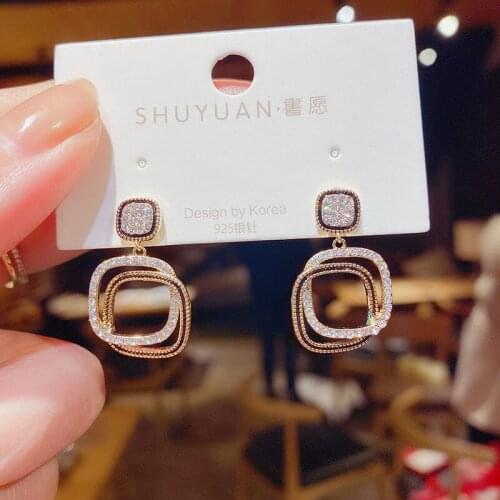 Simple Exquisite Double Layer Square Stud Earrings Korean Fashion Semi-precious Stones Crystal Geometry Earrings