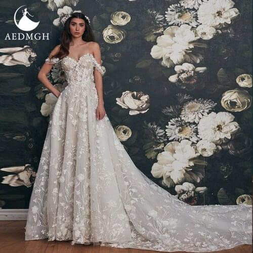 Aedmgh Glamorous A-Line Wedding Dresses 2021 Strapless Off The Shoulder Bride Dress Lace Appliques Backless Robe De Mariee