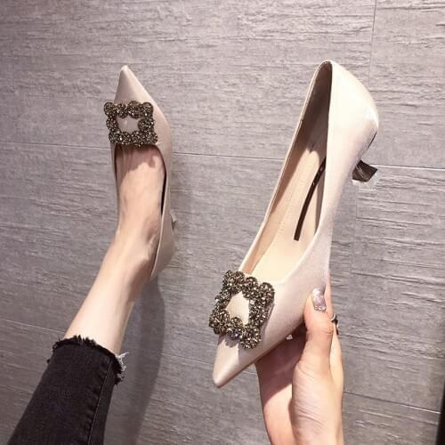 High Heels 2020 Wedding Bridal Shoes Korean Style Gradient Color Pointed Rhinestone Square Button Satin Shoes Women